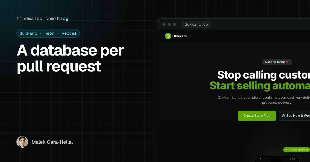 Cover for "A database per pull request", framing the dukkani.co landing page in a browser window